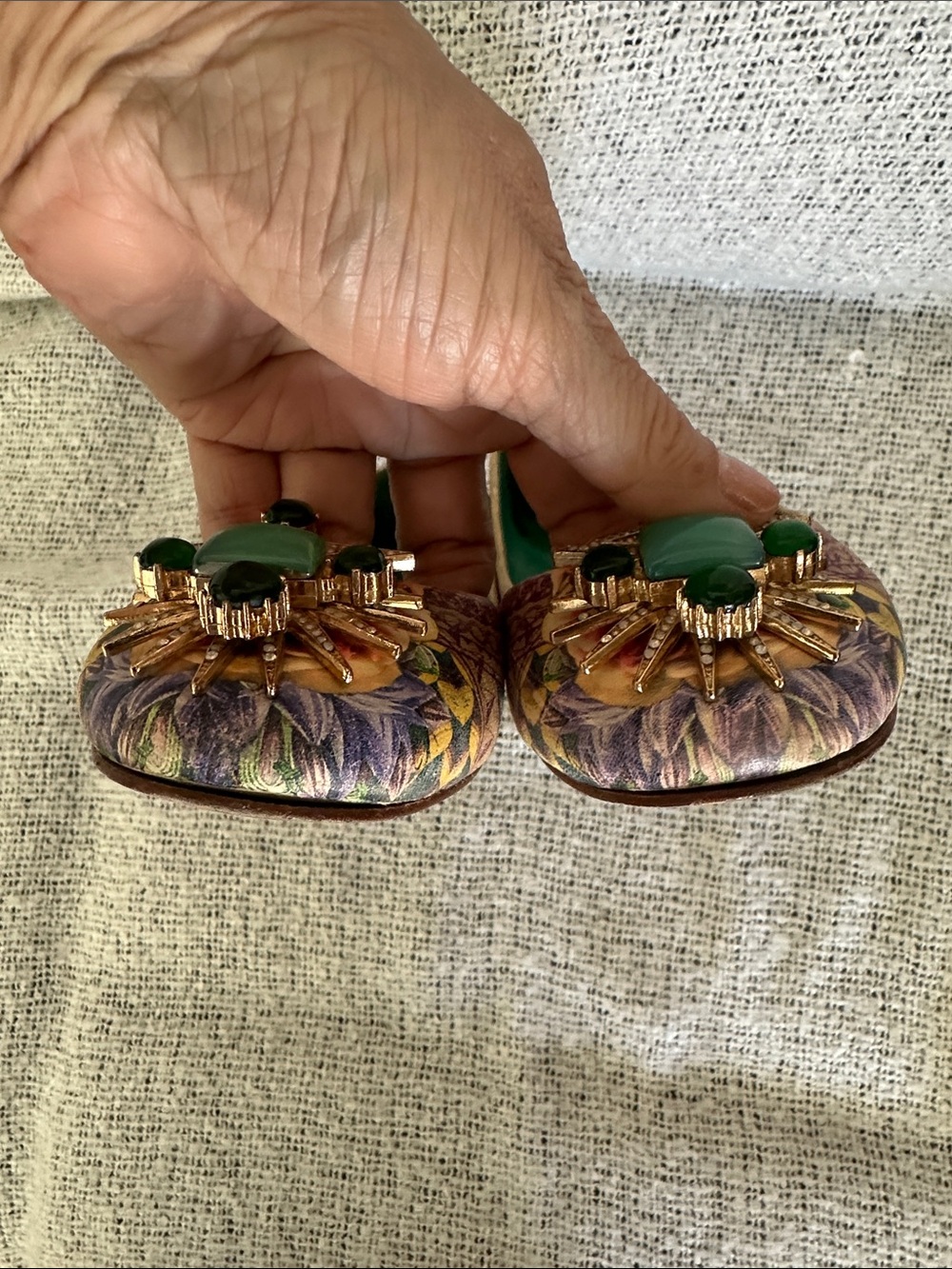 Ivy Kirzhner Floral Flats with Green Gem Accents - Picture 7 of 8